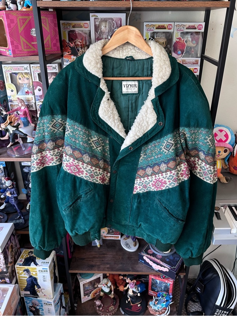 Vintage Vizyon Pine Green Leather Sherpa Jacket Western Aztec L